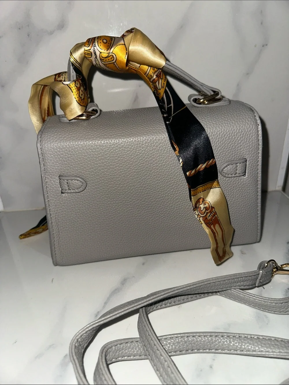Stylish Gray Leather Crossbody Bag with Scarf Accent